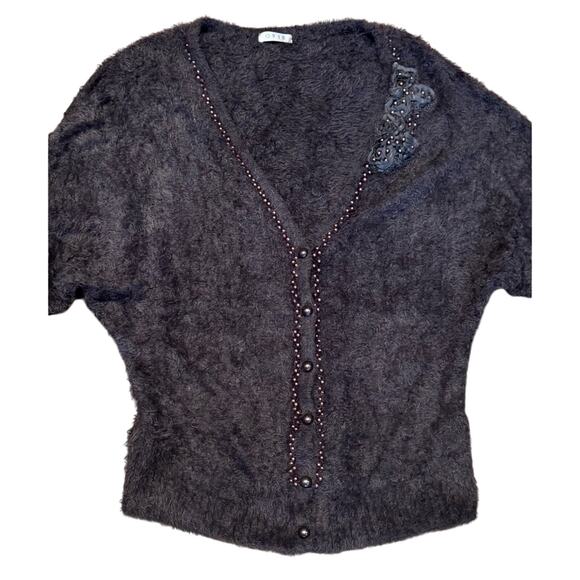 0918 Large Brown Beaded Embellished cardigan 3/4 sleeves sweater Preppy Academia - Picture 3 of 10